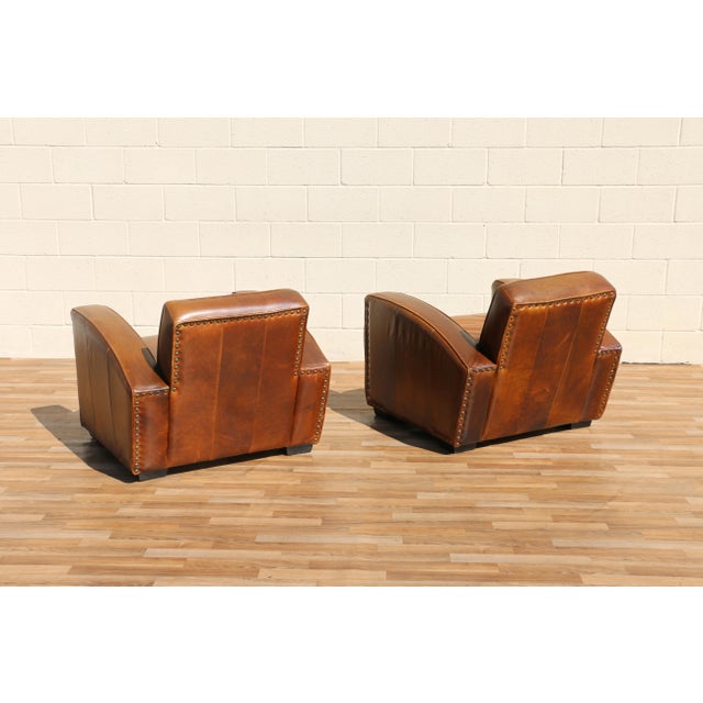 Vintage Pair Art Deco Revival Distressed Brown Leather Club Chairs & Ottomans, 1980s For Sale - Image 10 of 18