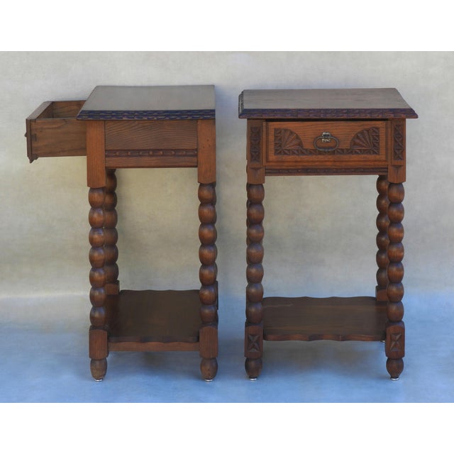 Charles Dudouyt Neo-Basque Carved Oak Single Drawer Nightstands by Charles Dudouyt, France, 1930s, Set of 2 For Sale - Image 4 of 11