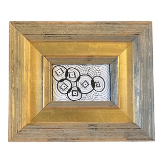 1970’s Modernist Abstract Geometric Ink Drawing Chunky Gold Frame For Sale
