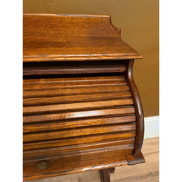 American Antique Quarter Sawn Solid Oak Child's Roll Top Trestle Desk - Original Brass For Sale - Image 3 of 13