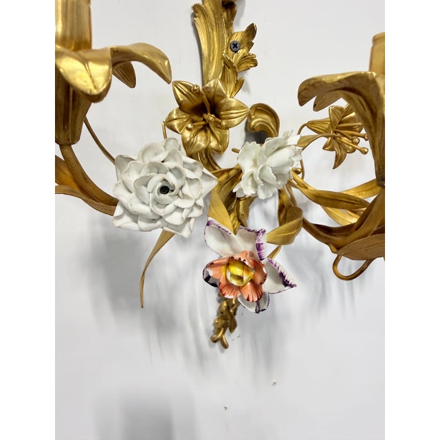 Pr, French Rococo Revival Gilt Bronze Sconces With Porcelain Flowers, 19th C For Sale - Image 9 of 14