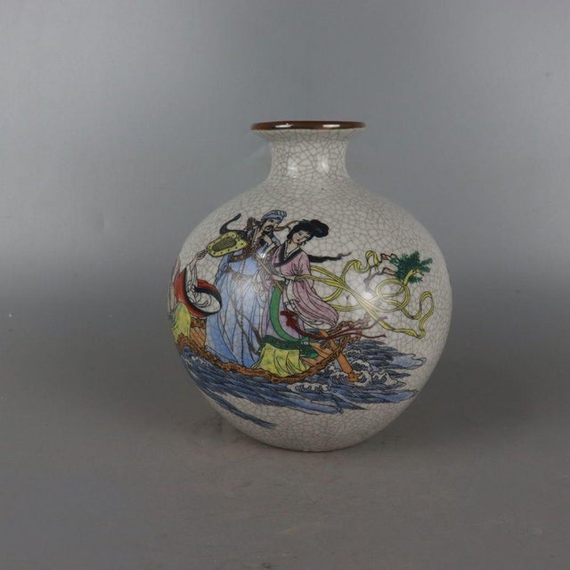 Vintage Chinese Crackle Glaze Famille Rose "Eight Immortals" Vase - 16cm For Sale - Image 4 of 7