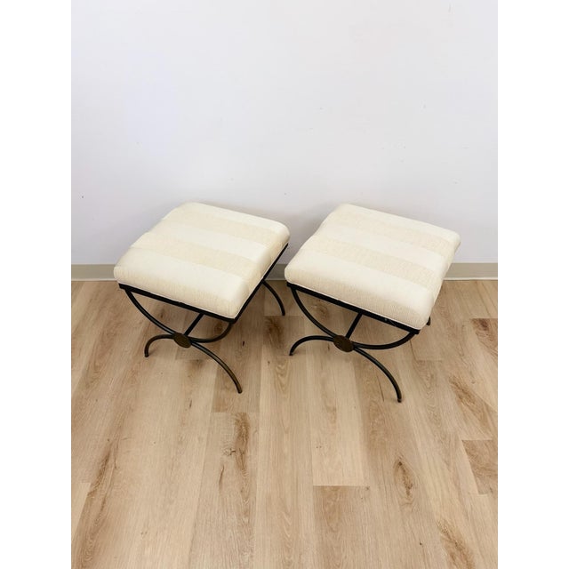 Pair of Swain Style Designer Metal and Beige Upholstered Footstools, High Point For Sale In Tampa - Image 6 of 10