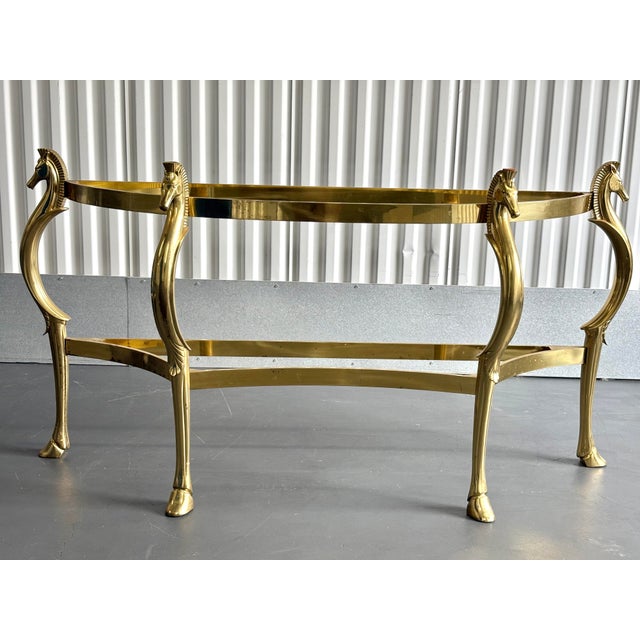 Glass Vintage Brass Sea Horse and Glass Demi Lune Console Table For Sale - Image 7 of 11