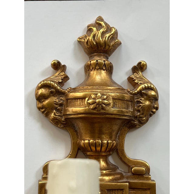 Fabulous, rare pair of French gold gilt bronze wall sconces with Figural heads. See photos. One screw missing that holds...