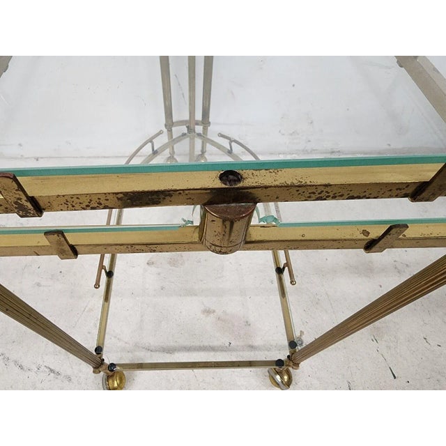 Vintage French Bar Cart Folding Brass & Glass Rolling For Sale - Image 9 of 12