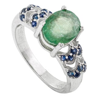 Elegant 925 Sterling Silver 9x7 Oval Emerald & Blue Sapphire Wedding Ring - Size 6 For Sale