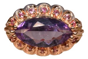 The Adorato Drive: East To West Navette Shaped Amethyst and Tourmaline Ring in Rose Gold
