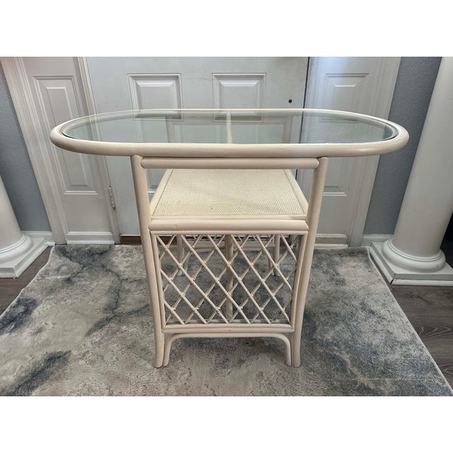 Boho Chic Vintage Coastal Rattan Bistro Set With Glass Table & Two Barrel Chairs For Sale - Image 3 of 18