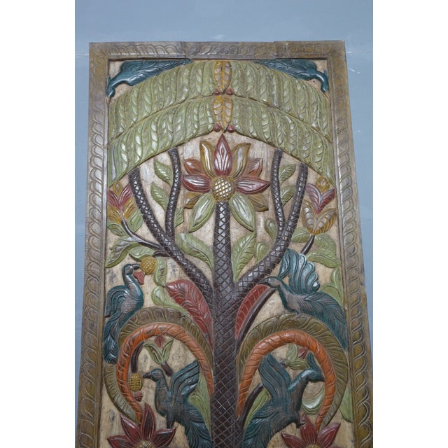 Mid-Century Modern Hand-Painted Tree of Life Carved Wood Door Panel – Vintage Indian Folk Art Wall Decor 84x36 For Sale - Image 3 of 7