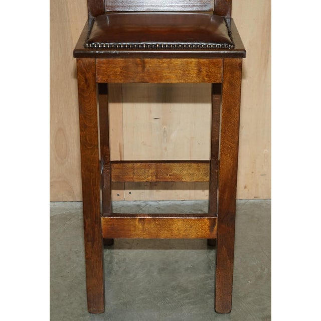 Set of Vintage Arts & Crafts Kitchen Bar Stools in Leather For Sale - Image 9 of 18