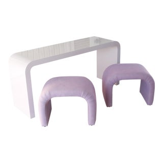 1970's Purple Waterfall Console Table and Ottomans - Set of 3 For Sale
