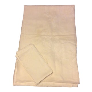 Antique Appliquéd Linen Tablecloth & Napkins - Set of 13 For Sale