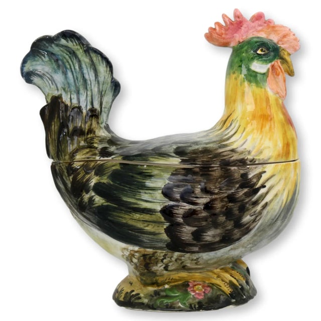Italian faience rooster tureen with Majolica glaze. Maker's mark on underside.