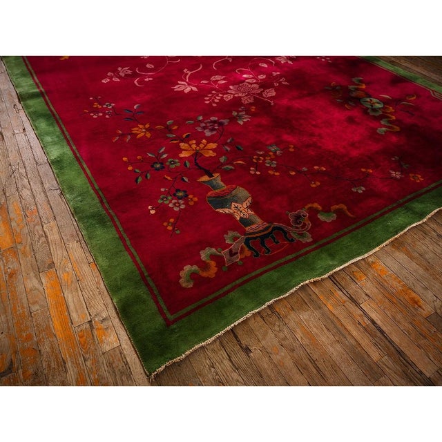 1920s 1920s Antique Fuschia Asymmetrical Floral Handknotted Wool Chinese Art Deco Rug For Sale - Image 5 of 8