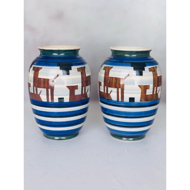 1930s Bunzlau Art Deco Gazelle Vases, Pair — Hand-Painted Stoneware, Made in Germany For Sale - Image 10 of 12