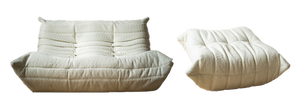Set of White Bouclette Togo Pouf and 2-Seat Sofa by Michel Ducaroy for Ligne Roset