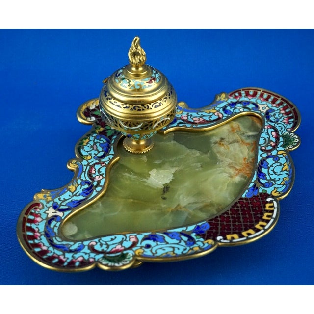 Triptych Inkwell and Candleholders in Gilded Bronze and Onyx Marble, Set of 3 For Sale - Image 14 of 18