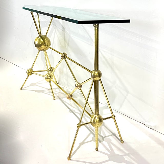Italian Modern Atomic Planet Design Slim Asymmetrical Brass Sphere Console Table For Sale - Image 15 of 18