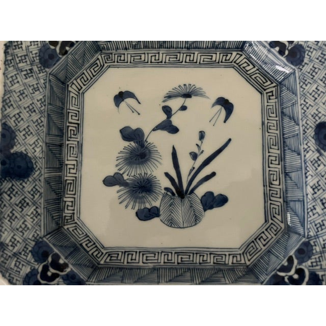 Blue Antique Japanese Blue and White Octagonal Plate With Floral Design For Sale - Image 8 of 18