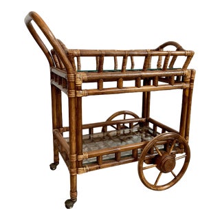 Mid 20th Century Rolling Rattan Bar Cart With Removable Service Tray For Sale