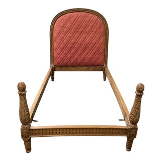 Single Size Early 20th Century French Carved Wood + Upholstered Bed Frame For Sale