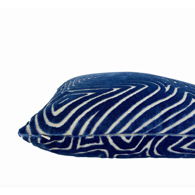 Cobalt Blue Maze Velvet Throw Pillow With Feather Down Insert For Sale - Image 4 of 5