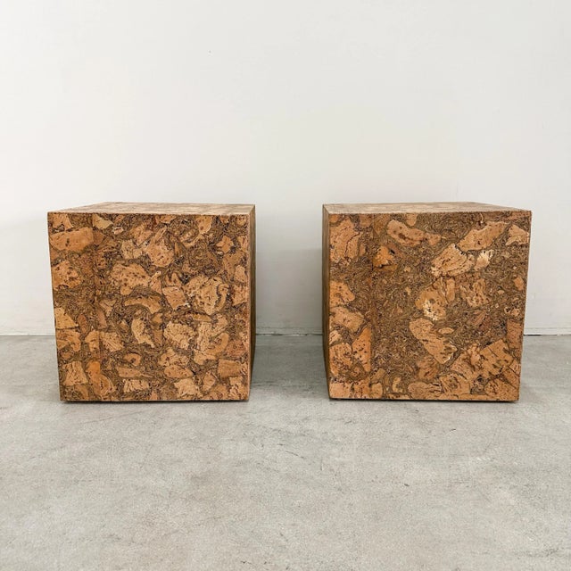 Mid-Century Modern Pair of Vintage 1970s Cork Cube End Tables Minimalist Square Side Tables – Postmodern Style For Sale - Image 3 of 11