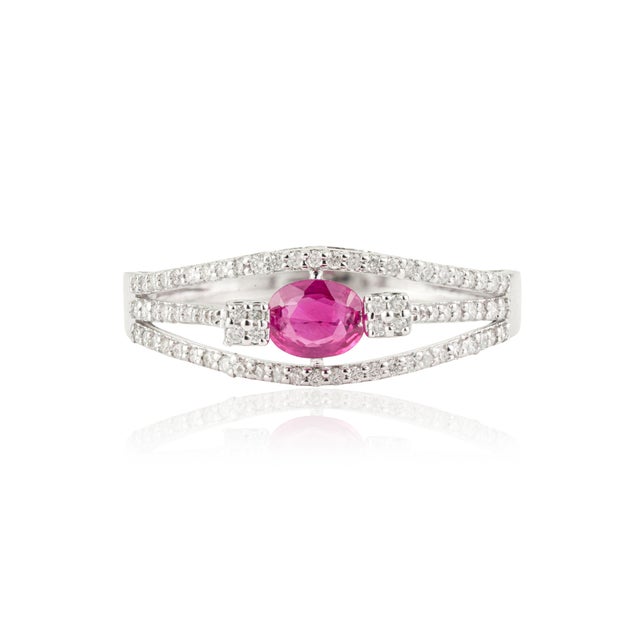 Natural Ruby & Diamond Split Shank Bypass Ring Size 5.5 in 14k White Gold For Sale - Image 4 of 17