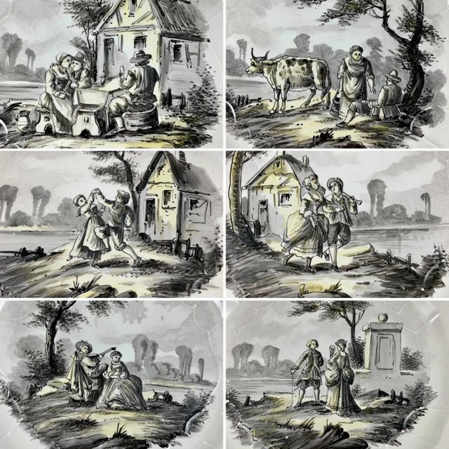 Late 19th Century French Faïence Hand Painted Romantic Grisaille & Cirage Plates, S/6 For Sale - Image 5 of 13