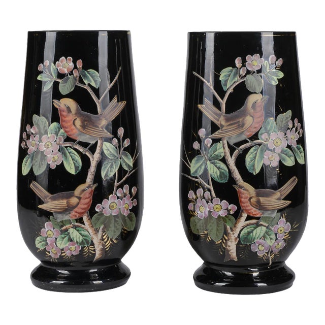 Black Opal Glass Jars with Hand-Painted Birds, France, 19th Century, Set of 2 For Sale