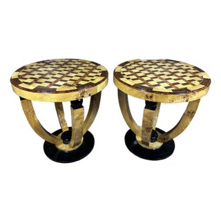 Vintage Pair of Art Deco Style Pair of Round Parquetry Inlaid Side Accent Lamp Tables For Sale