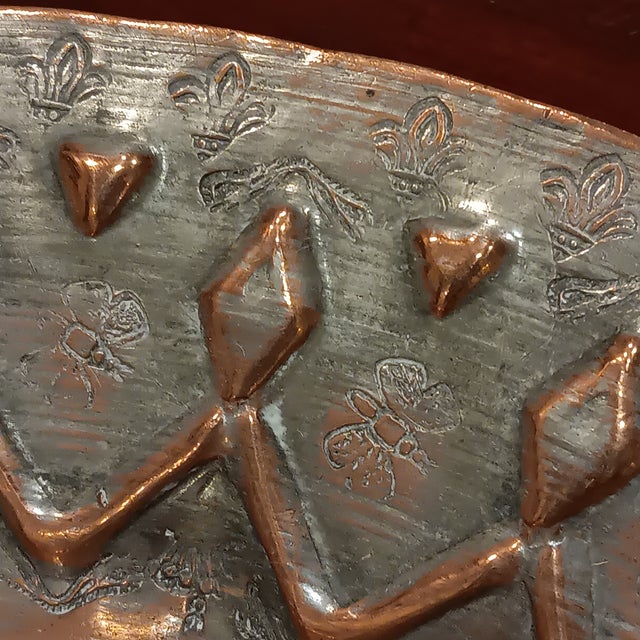 Vintage Egytian Hammered Sculptured Copper Platter/ Bowl With French Fluer- De- Lis and Bee Symbol For Sale - Image 14 of 18