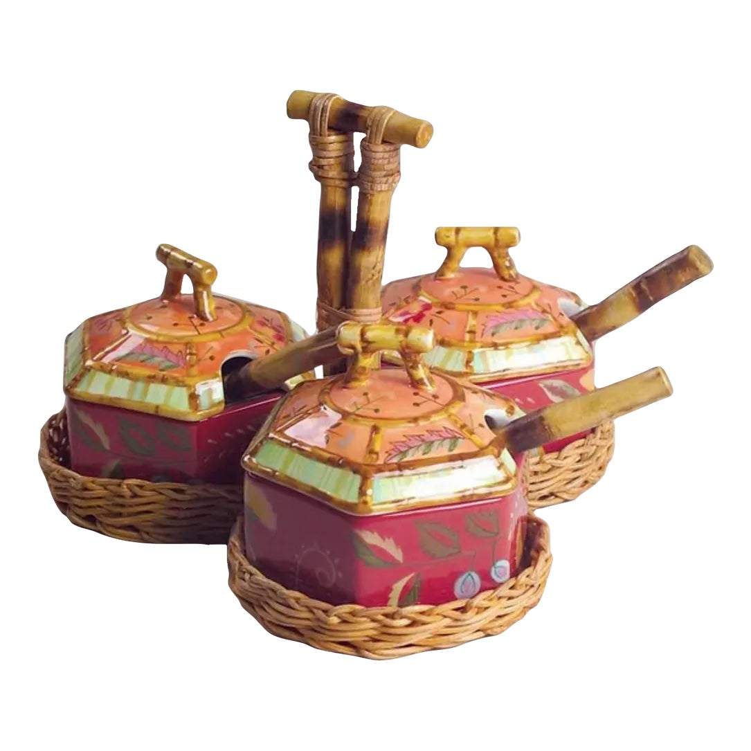 2000s Bamboo Ramekin Serving Caddy Set Asian Style- 7 Pieces | Chairish