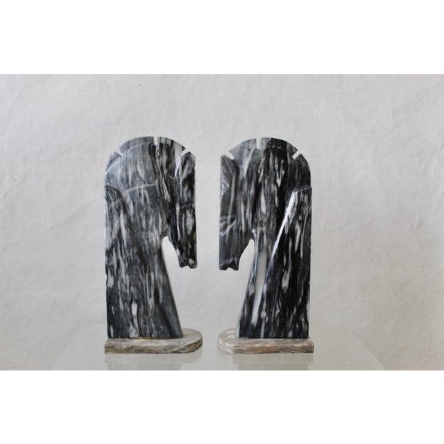 Mid-Century Italian Black White Marble Horse Head Decorative Bookends-A Pair For Sale - Image 4 of 10