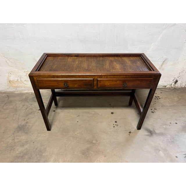Chinoiserie Vintage Chinioiserie Style Glass Rattan Top 2 Tier Console Table Desk For Sale - Image 3 of 14