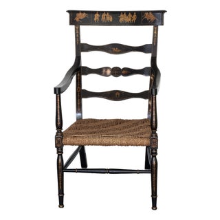 English Regency Style Crackle Finish Chinoiserie & Classical Stenciled Rush Seat Armchair For Sale