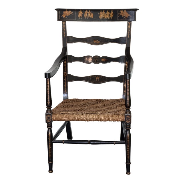 English Regency Style Crackle Finish Chinoiserie & Classical Stenciled Rush Seat Armchair For Sale