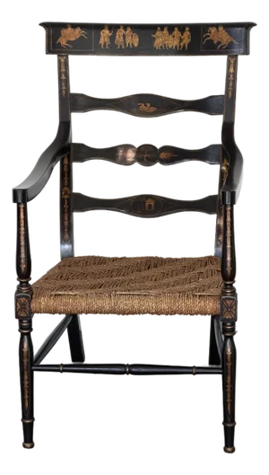 English Regency Style Crackle Finish Chinoiserie & Classical Stenciled Rush Seat Armchair