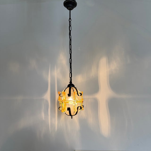 Brutalist Glass and Iron Hanging Lamp, 1970s, in Good conditions. Designed 1970 to 1979 Up to 250V (Europe/UK...