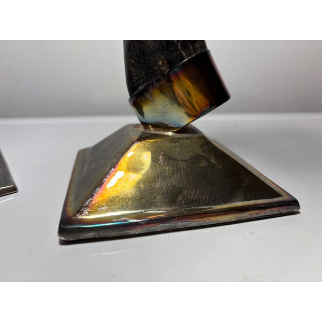 Commanding Tall Pair of Twisted Horn Candlesticks With Metal Bases and Holders For Sale - Image 12 of 12