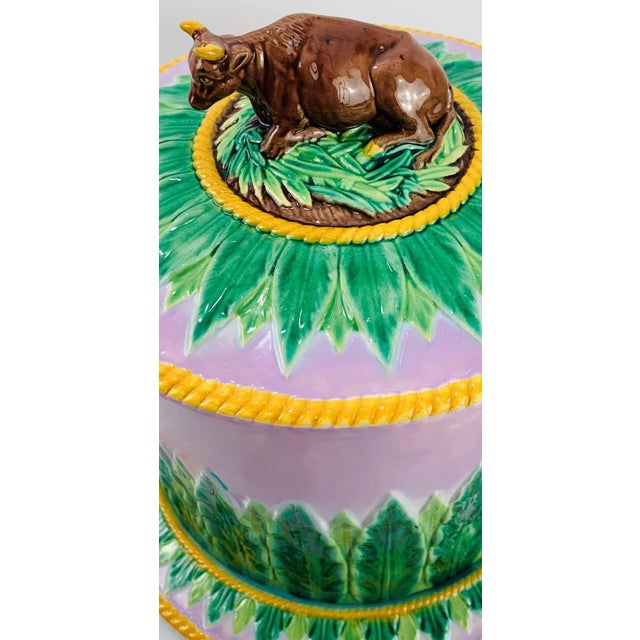 Full-Size George Jones Majolica Cow Cheese dome and stand (Stilton Dish), 11.75 height x 12.5 diameter inches, on a vivid...
