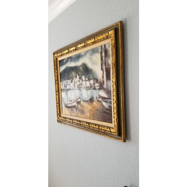Mid-Century Modern 1970s Italian Boats Landscape Oil on Canvas Painting, Signed For Sale - Image 3 of 11
