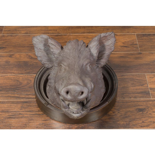 An English terracotta hog head from the late 19th century, with new custom iron frame. Created in England during the last...