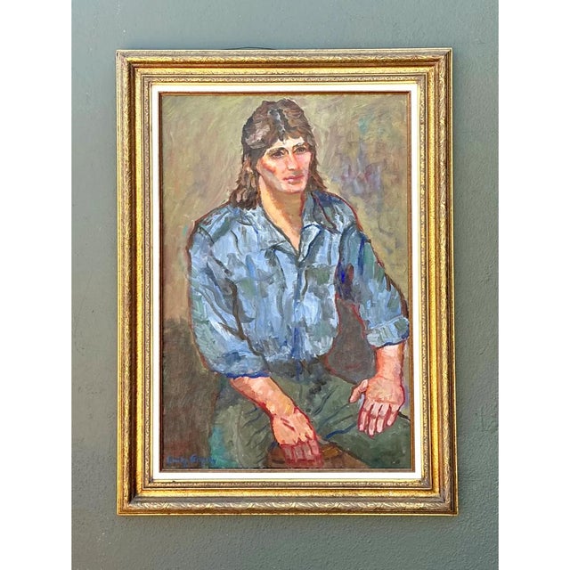 This vintage oil portrait captures a contemplative male figure with expressive, confident brushwork characteristic of...