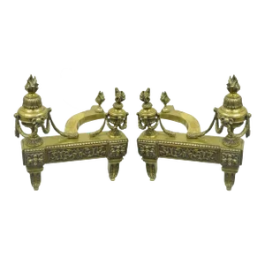 Antique French Louis XVI Style Urn Flame Brass Bronze Ormolu Andirons - a Pair