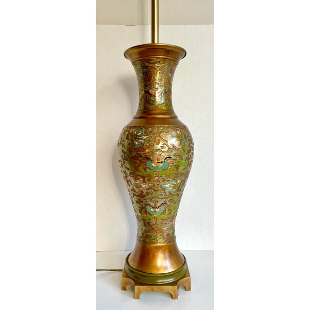Mid 20th Century Asian Champleve Cloissone Tall Brass Lamp Made by Marbro For Sale - Image 11 of 13