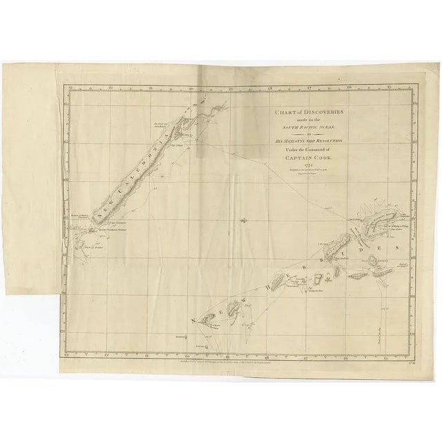 Antique map titled 'Chart of Discoveries made in the South Pacific Ocean'. Rare engraving from the official British...