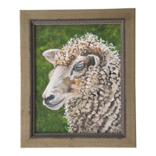 Sheep Portrait Impressionism English Traditional Antique White Green Burnt Umber Original Oil Painting by Cleo Plowden For Sale