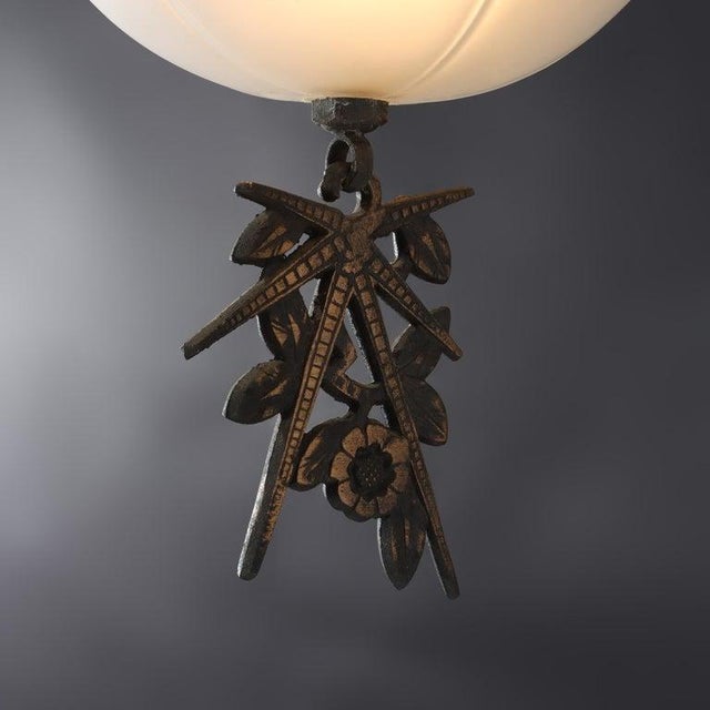 Metal 1920s Art Deco 5-Light Bronze Finish Hanging Lamp With Stylized Fans C1920 For Sale - Image 7 of 14